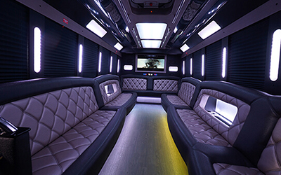 Inside a White Limo Party Bus from our Party Bus Rentals